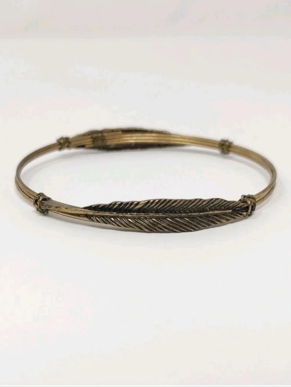 Boho Bangles Set of 3 Gold Bronze Tone Bracelets Wire Wrap Charms Feathers Owls
